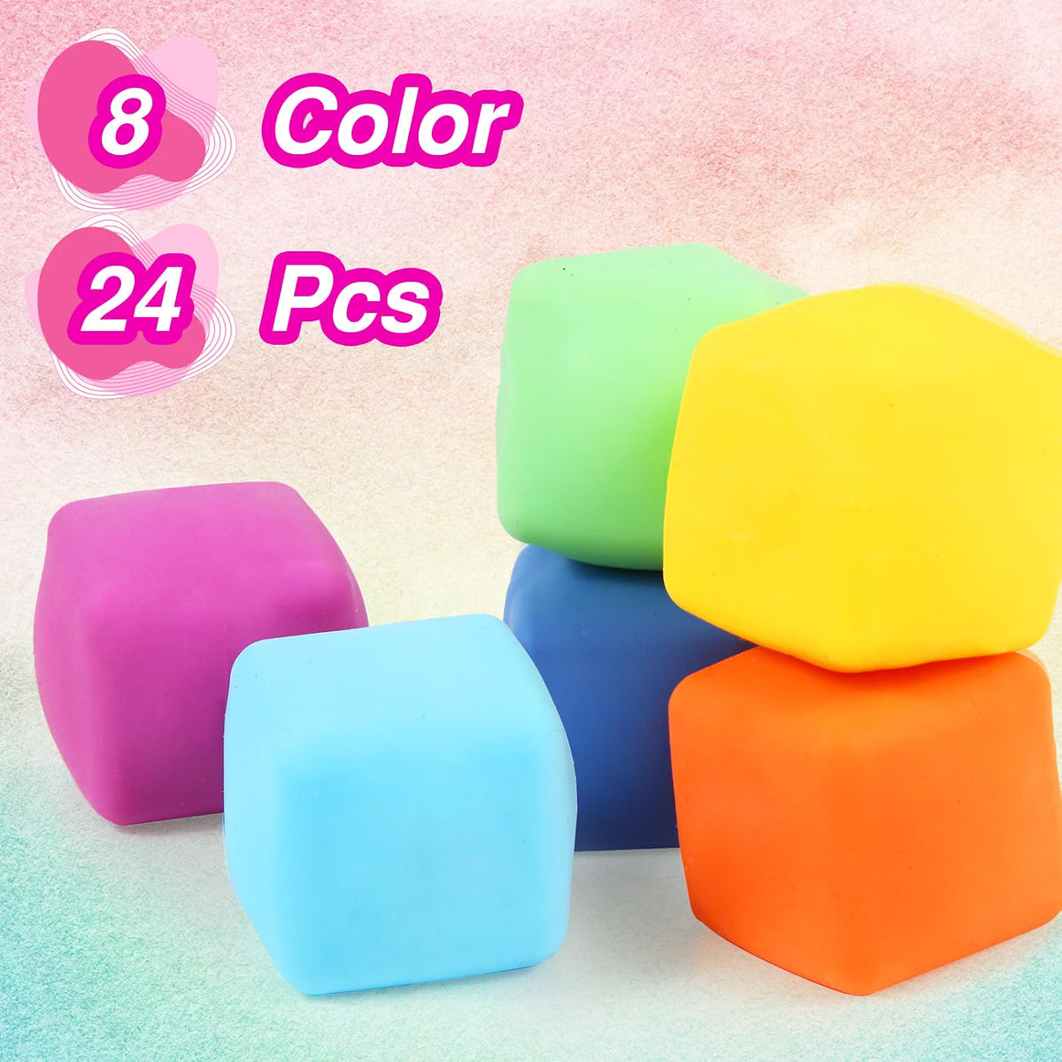 24 Pack Slow Rising Stress Cube , Dough Stress Balls Soft Fidget Squishy Toys for Anxiety Relief, Pull Stretch Classroom Prize Party Favors Toys for Kids