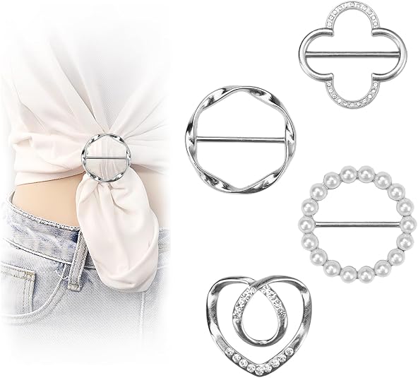 4PCS Women’s Scarf Ring Clips, Metal Round T-Shirt Tie Buckles, Stylish Shirt Knot Clips for Dresses, Scarves and Clothing Corners